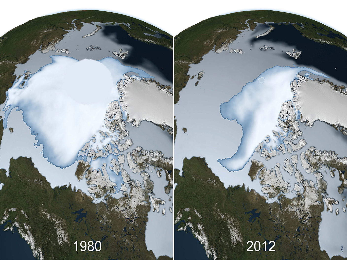 Vergrösserte Ansicht: Zwei Bilder der Erde von oben, einmal 1980, einmal 2012