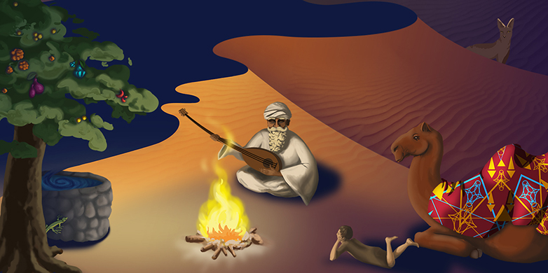 Vergrösserte Ansicht: Kamel und Mann vor einem Feuer in der Wüste